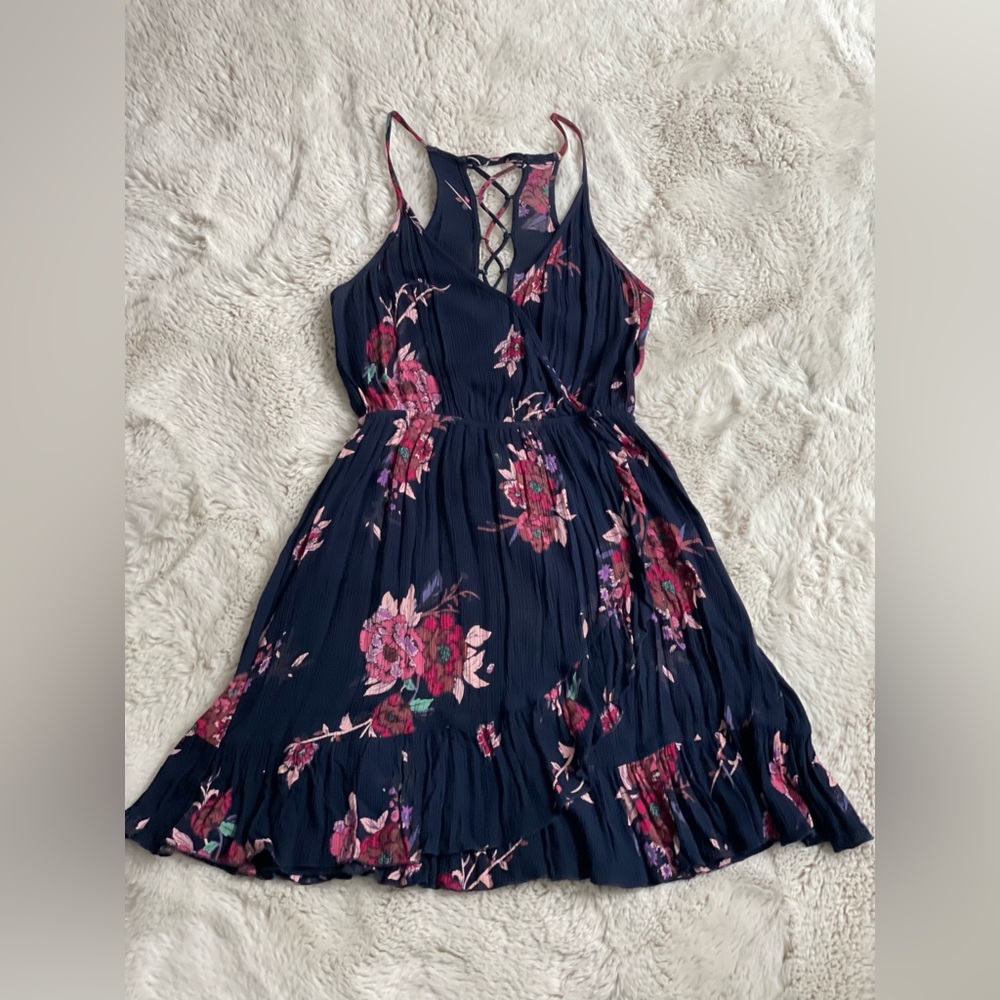 Aqua Small Faux Wrap Sundress - Navy floral with corset tie